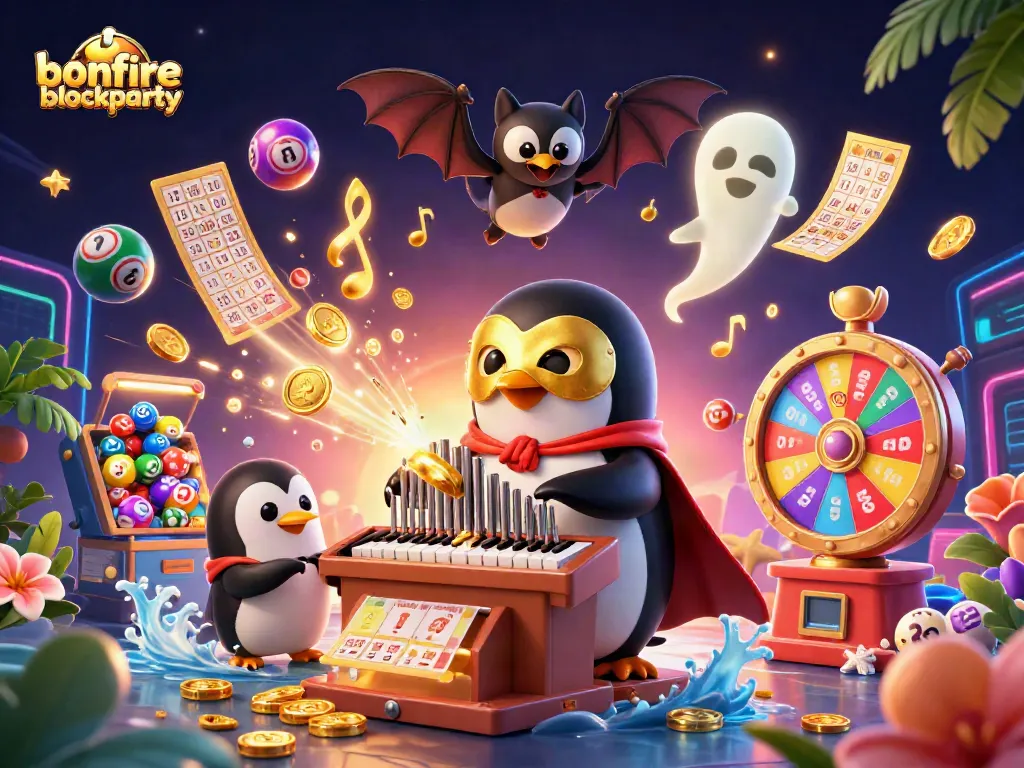 Engage with bonfireblockparty through this vibrant 3D casino scene filled with playful elements.