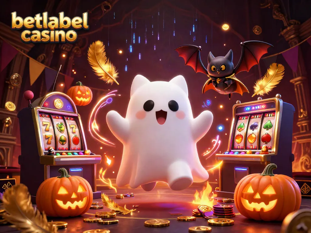 Engaging scene featuring the betlabelcasino mascot ghost cat floating near a slot machine amidst glowing jack-o-lanterns and golden coins.