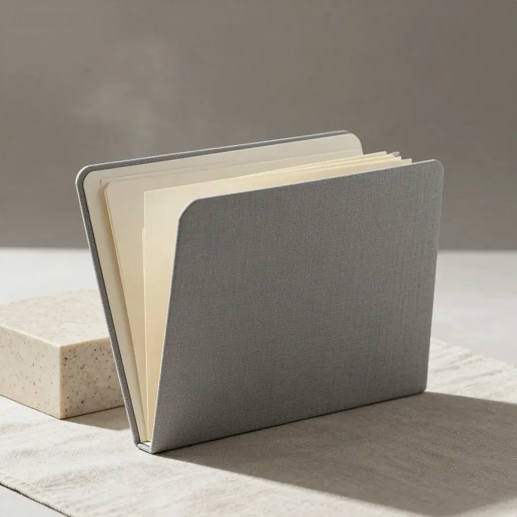 Carpeta rígida de auditoría SEO medio abierta sobre travertino, con luz suave y aire sutil.