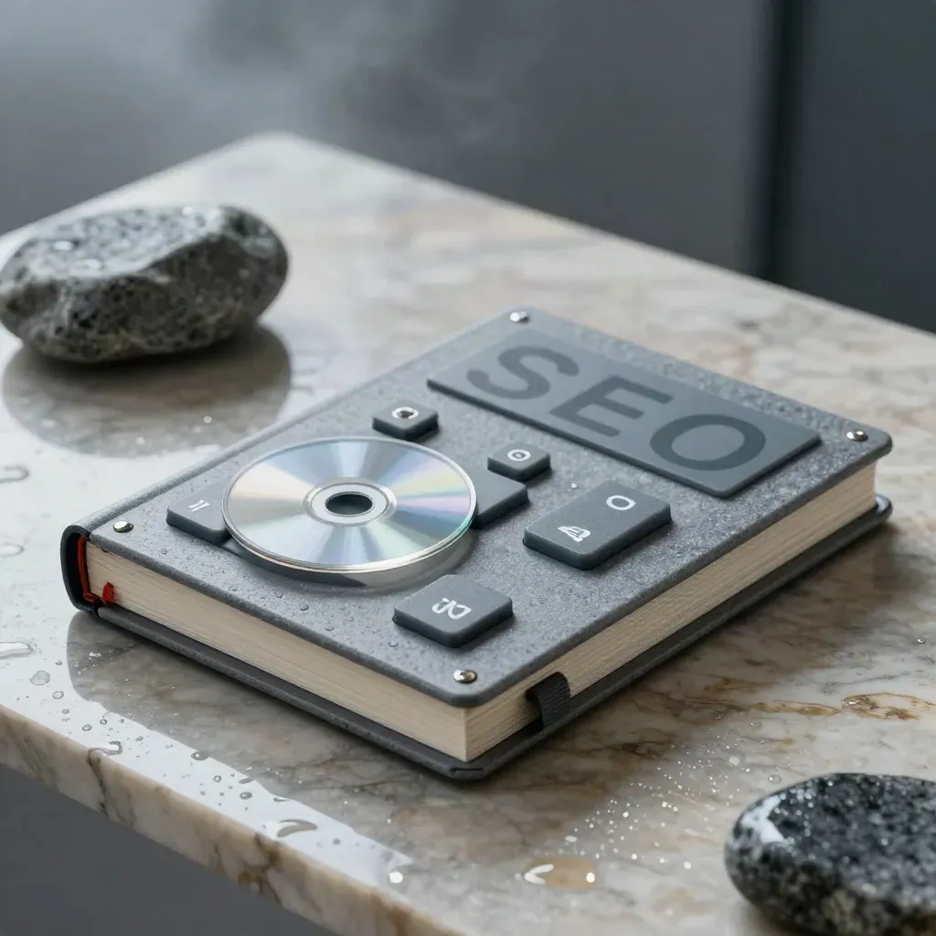 Kit premium de auditoría SEO sobre piedra húmeda con bruma y luz azulada