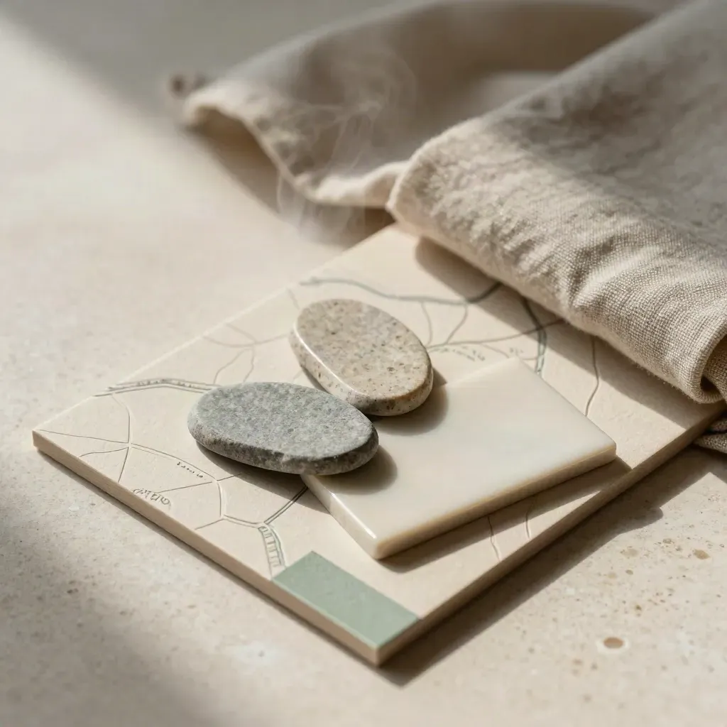 Kit compacto de SEO local con tarjeta abstracta, fichas de piedra y tela sobre travertino.