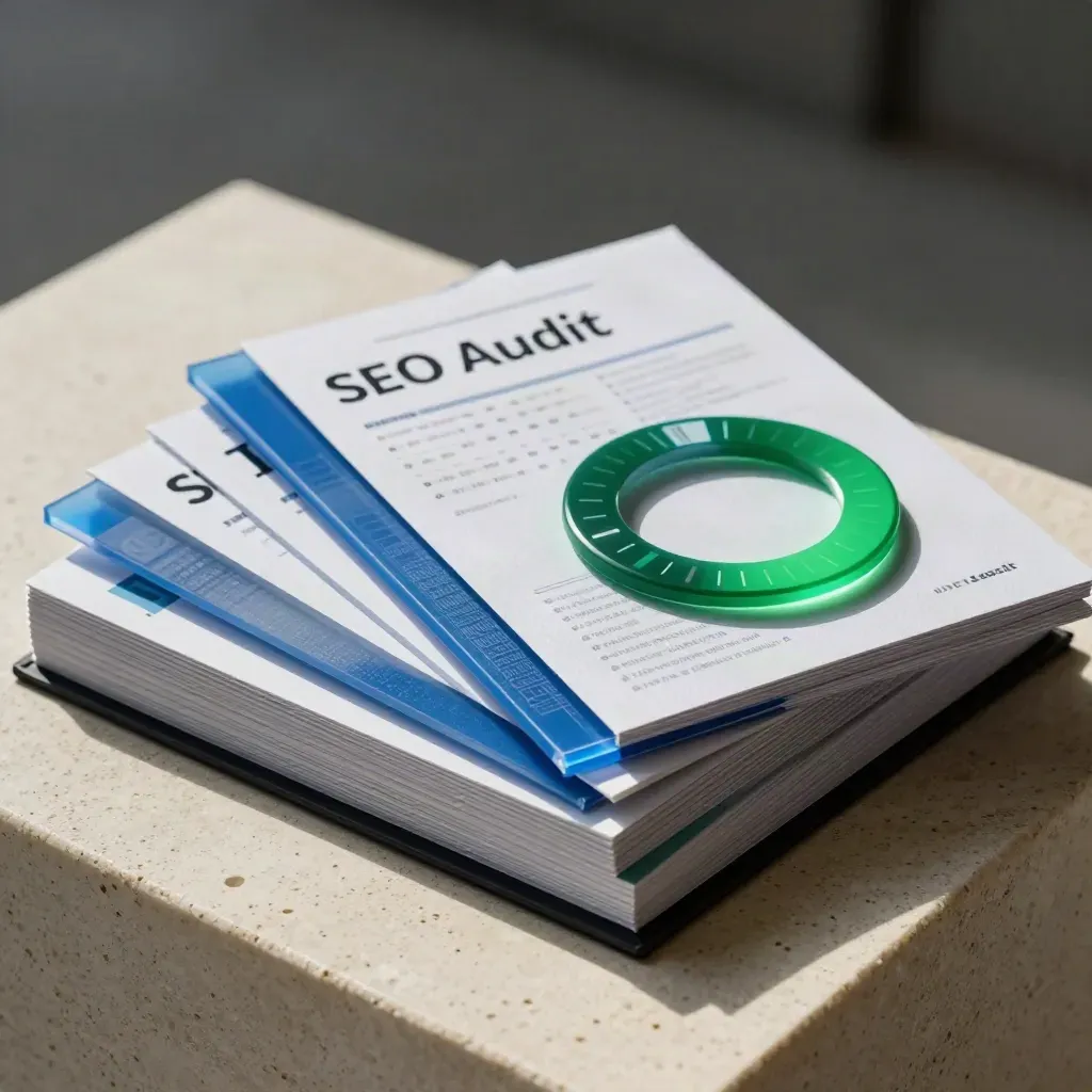 Bundle premium de auditoría SEO con separadores azules y aro de puntuación verde sobre piedra clara.