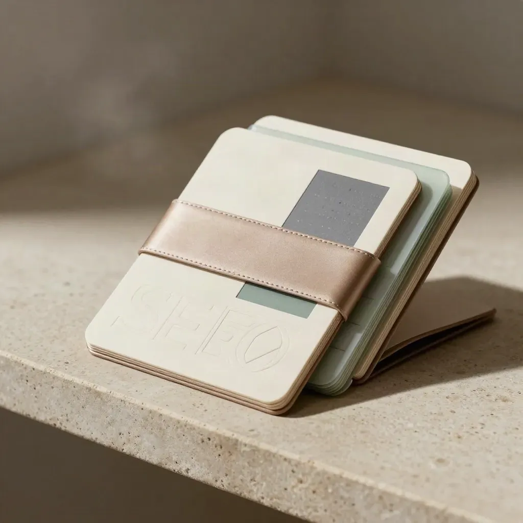 Kit SEO para ecommerce sobre repisa de piedra, con tarjetas modulares y acento verde suave.