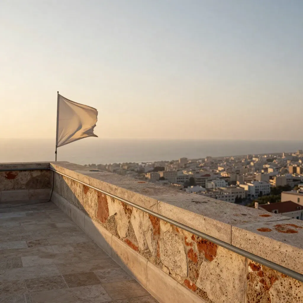Azotea de piedra al atardecer con tela al viento y ciudad lejana difuminada.
